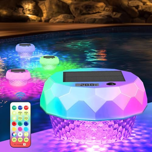 Gaethra Luz Solar Piscina Flotantes Iluminación LED para Piscinas con Control Remoto y Termómetros IP68 Impermeable Luces Flotante Piscinas para Decoración de Piscinas de Jardín, RGB Cambio de Color