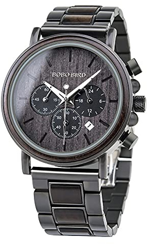 BOBO BIRD Mens Wooden Watches Business Casual Wristwatches Stylish Ebony Wood & Stainless Steel Combined Chronograph