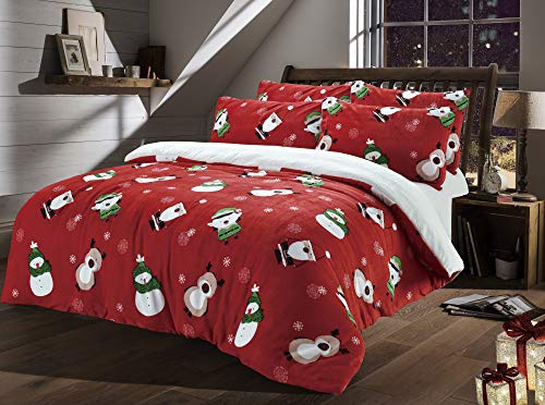 Olivia Rocco Set copripiumino in pile orsetto stampato, super morbido, motivo a quadri, stelle, cervi, caldo biancheria da letto invernale con retro sherpa, per letto matrimoniale, amici di Natale