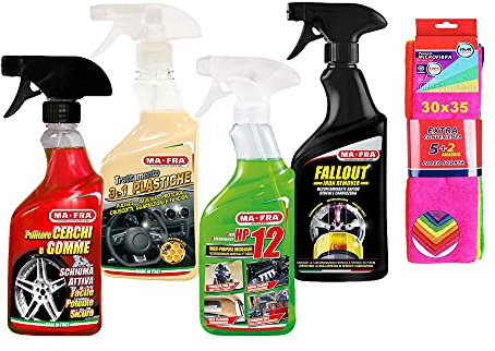 Set MAFRA pulitore cerchi e gomme, trattamento plastiche 3in1, hp 12, fallout più confezione di 7 panni in microfibra 30x35 cm