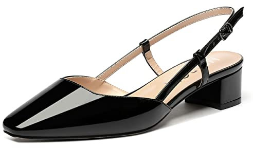 MERRORI Damen Buckle Block Patent Solid Square Toe Slingback Chunky Low Heel Pumps Schuhe 1,5 Zoll, schwarz, 39 EU