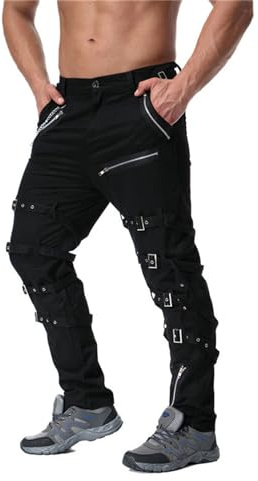 Idopy Herren Steampunk Gothic Hip Hop Punk Rock Hose Hose mit Kette, Schwarz , XXL