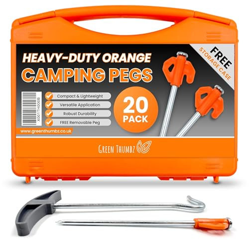 Heavy Duty Tent Pegs - 20cm x 20 Pack Orange Hard Camping Pegs for Outdoor - Galvanized Tent Pegs Metal Heavy Duty with Storage Case and Peg Remover