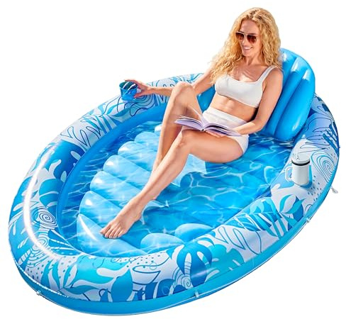 SLOOSH Inflatable Tanning Pool Lounger Float, 70 x 50 Pool Floats Adult with Pillow, 4 in 1 Oval Suntan Tub Raft Floatie,Sunbathing Bed Lounge for Water Blow Up Ball Pit Party Gifts, Blue