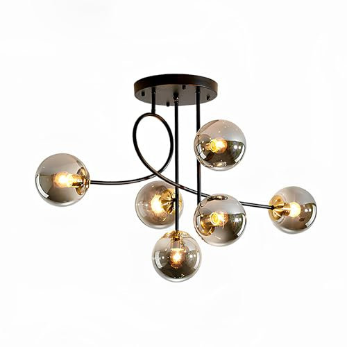 Moddeny Lampadario moderno a soffitto E27 a 6 luci, lampadario a sospensione vintage in metallo con sfera di vetro E27 per camera da letto, soggiorno, cucina, loft, diametro 90 cm