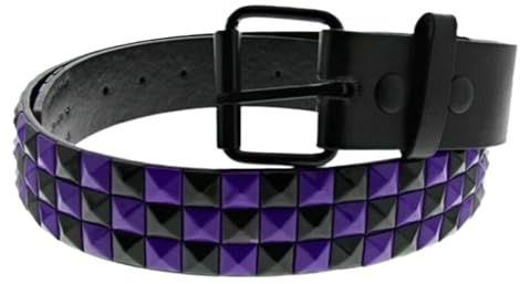 Unisex 3 Row Pyramid Studded Belt Bicolour Black and Purple Check Checkered Chessboard