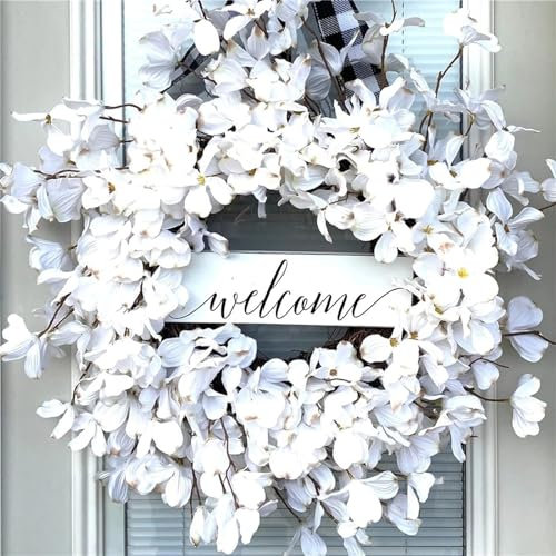 Wreaths for Front Door,17.7in Artificial White Summer Wreath with Welcome Sign,Beautiful Dogwood Door Wreaths,Outdoor All Year for Home Wall Window Party Decoration