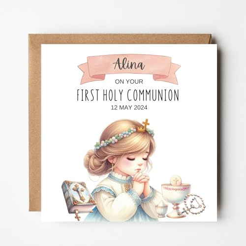 First Holy Communion Card, Personalised 1st Holy Communion Card for Girls, Customise with Name and Date for a special Communion Gift to Celebrate a Religous Milestone Girl #002