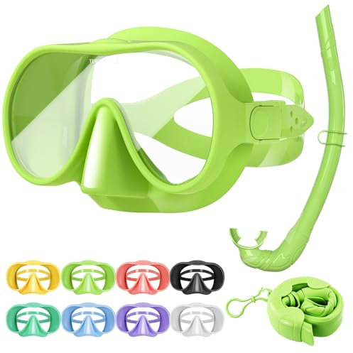 Tyuodna Schnorchelset Erwachsene,Taucherbrille mit Schnorchel,übergroßen Linse 180° Weitwinkel Anti-Fog Snorkeling Set,Macaron-Farben Taucherbrillen für Schnorcheln,Tauchen (Grün+Schnorchel)