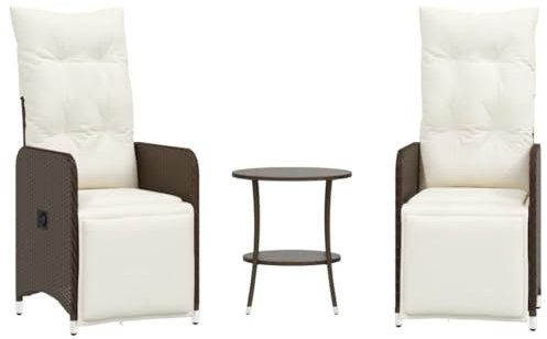 vidaXL Gartensessel mit Tisch 2 STK., Gartenstuhl Verstellbare Rückenlehne, Loungesessel für Garten Terrasse, Relaxsessel, Braun Poly Rattan