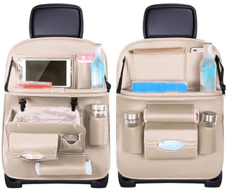 2 Stück Autositz Organizer Rückenlehnenschutz, Auto Rücksitz Organizer Kinder, Kunstleder Beige Anti-Kick Multifunktional Wasserdicht, mit Klapptisch Tablet Fach, 8 Taschen, Große Aufbewahrungstasche