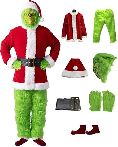 LHBM CostumeDe Père Noël 7Pièces,Ensemble De Costumes De Père Noël,Y Compris Le Masque Grinch Costume De Monstre Vert Pour Adultes,Costume De Fête De,Fête À Thème,PourCarnaval Cosplay L
