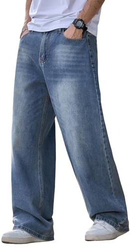 Zewool Jeans Baggy Hip hop pour Hommes,Streetwear Jeans Skater à Jambe Large,Pantalons en Denim à Coupe Loose Y2K Jambe Droite Coupe relaxée Skateboard extrême liberté de Mouvement,F10 Bleu,XL