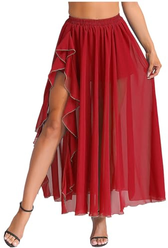 Yihuimin Femme Jupe Danse du Ventre Haut Fente Jupe Longue de Danse Orientale Costume Danses Belly Indienne Dancewear Rouge Taille Unique