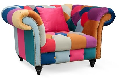 Lovesofas Velvet Patchwork Fabric 1 Seater Chesterfield Sofa, Classic Armchair with Scroll Arms and Buttoned Back, Solid Wood Frame & Durable Fabric