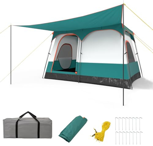 COSTWAY 2-Room Camping Tent, 8-10/6-8/4-6 Man Family Dome Tent with Porch, Removable Rainfly, 2 Doors, 2 Mesh Windows & Carrying Bag, PU 1000MM Waterproof Sun Shelter for Hiking (320 x 210 x 180cm)
