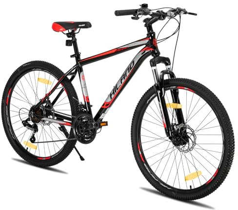 Hiland 27,5 Zoll Mountainbike, 21 Gang Aluminiumrahmen Mountainbike mit Scheibenbremse Speichenräder, Jugendliche MTB Fahrad Herren Damen Einteiliges Fahrradrad Schwarz&Rot