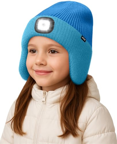 ATNKE Enfants LED Lumineux Bonnet Chapeau avec Cache Oreilles,USB Rechargeable 4 LED Course Chapeau Lampe Frontale Hiver Chaud Polaire Doublé Beanie Cadeaux pour Garçons et Filles/Peacock Blue