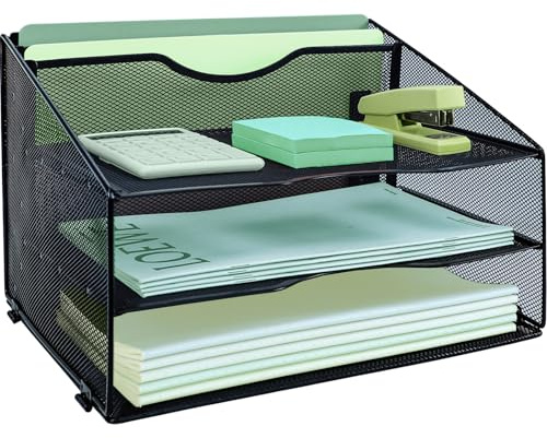 IOUGDSEC Organizer da scrivania a 3 livelli con 2 raccoglitori verticali extra, vassoio per lettere, vassoi per documenti A4, porta riviste e documenti per casa e ufficio, nero