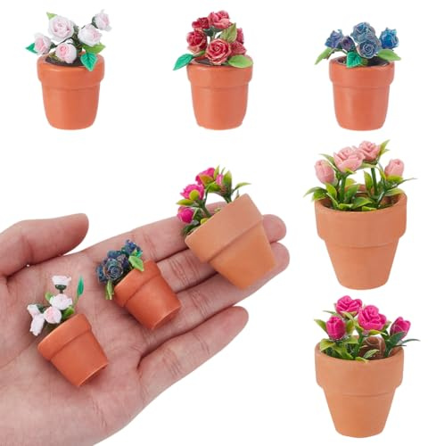 AHANDMAKER Lot de 5 mini pots de roses miniatures 5 styles 1:12, modèle de jardin en pot, décoration de paysage pour mini maison, petite verdure, bonsaï, ornement artisanal