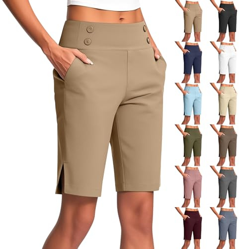 Short d'été pour femme - Pantalon de jogging léger - Coupe droite - Pantalon de loisirs - Pantalon de trekking - Pantalon d'été - Pantalon de randonnée - Pantalon en tissu - Longueur genou - Short