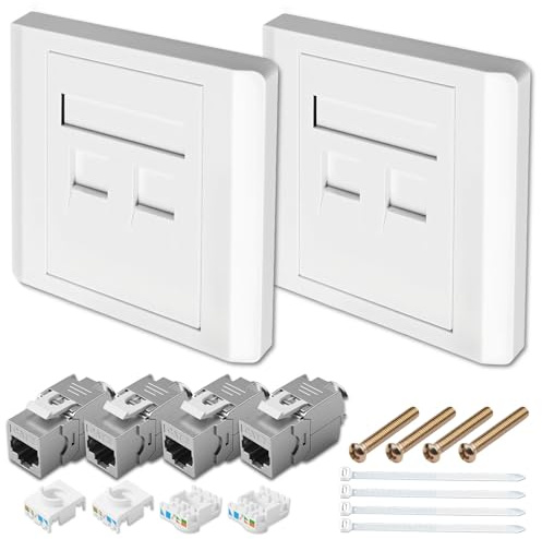 Aivane Cat7 Prise Réseau 2 Ports Encastré 10 Gbit/s pour CAt6/6A, 2x Boîtier de Réseau & 4x Modules Keystone RJ45 CAT 7, Prise Ethernet Murale LAN avec 2 Port Rj45 (2 SET Blanc)