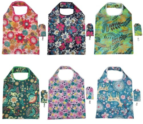 6 Sacs De Courses Pliables Réutilisables Cabas Shopping Motifs Fleuris | Polyester Lavable Imperméable Grande Capacité 20 kg Pochette Assortie Voyage Plage Pique Nique Marché Voiture Festival
