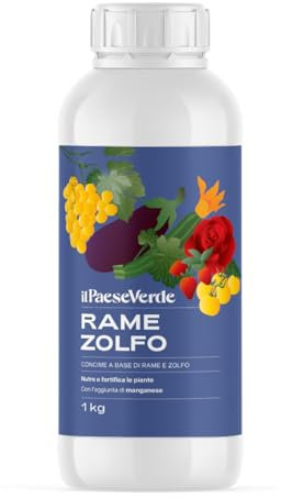 RAME ZOLFO Il Paese Verde 1kg. Cura le carenze di rame e zolfo, elementi utili al processo di fotosintesi clorofilliana e di sintesi delle proteine delle piante.