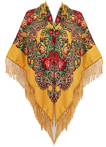 Gudessly 62*62Oversized Women's Traditional Retro Scarf Wrap Tassel Fringes Floral Poncho Shawl Printing Shawl