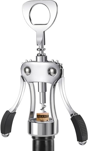 KORCCI Wine Opener, Heavy-Duty Zinc Alloy Wing Corkscrew, Premium Beer Bottle Opener, Multifunctional Wine Accessories with Ergonomic Handle and Sharp Screw, for Kitchen, Bar, Restaurant (SILVER)