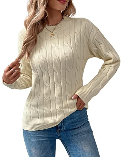 Niwicee Damtröja stickad tröja basic stickad tröja grovstickad rund hals, långärmad tröja jumper casual enfärgad kabel stickad, Beige, L