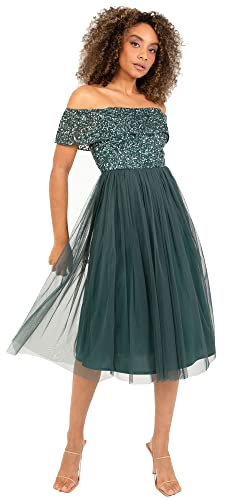 Maya Deluxe Damen Maya Deluxe Ladies Bardot Dresses For Women Midi High Empire Waist Sequins Embellished Formal Evenin Brautjungfernkleid, Emerald Green, 36 EU