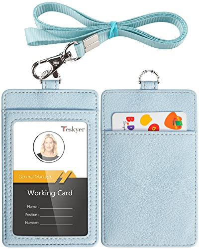 Teskyer Card Holder with Lanyard, ID Badge Holder, Oyster Card Holder, Bus Pass Holder, with Clear Window, Holding 2 Cards, PU Leather, Glacier Blue