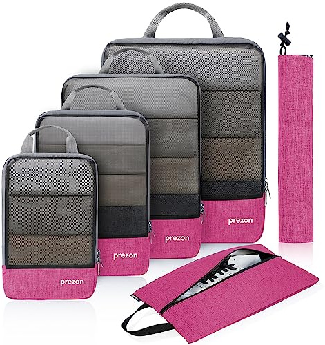 Prezon Cubes de Rangement Compressibles avec Sac à Chaussures de Voyage et Sac à Linge, Organiseur de Valise, Sac de Rangement Extensible pour organiser vos bagages de voyage, organiseur de bagages