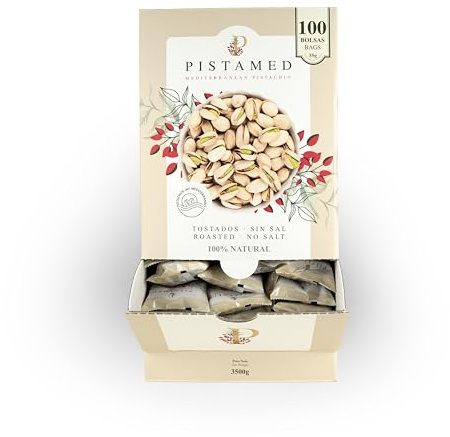PISTAMED - Pistachos con Cáscara Sin Sal Tostados Artesanalmente - Alto Contenido en Fibra - Apto Veganos y Sin Gluten - Pack 100 x 35 g Formato Individual - Origen España - Snack Natural