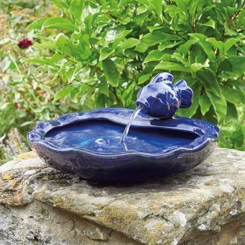 Solar Powered Fish Design Cascade Fountain - Blue Glazed Ceramic Outdoor Garden Water Feature Decoration for Patio, Decking, Lawn, Rockery, Pondside, Yard - Measures H16 x W37 x D32cm