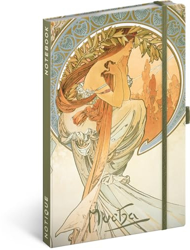 NOTIQUE Anteckningsbok linjerad med gummiband 13 x 21 cm ca. A5, designer inbunden anteckningsbok, anteckningsblock, anteckningsbok, dagbok för vuxna, kvinnor (Alphonse Mucha Poesie)