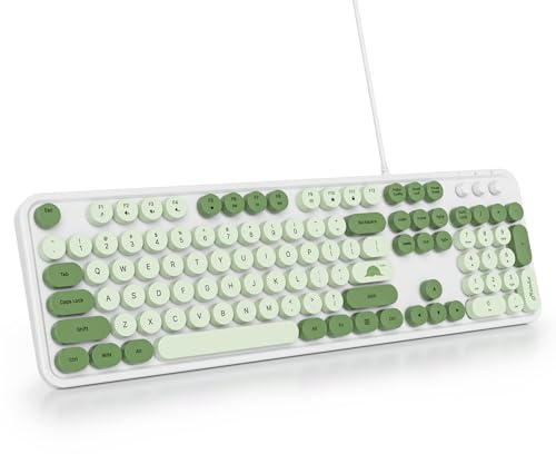 SbocKeeb Cute Tastatur Fullsize mit Runde Tasten，Retro Membran Schreibmaschine Tastatur Amerikanisch QWERTY, 104 Tasten Office USB Kabelgebundene in Voller Größe für Computer Desktop GT108 Matcha