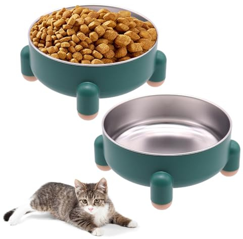 AkoSlale Elevated Cat Bowls 2-Pack for Anti-Vomiting & Whisker Relief - Stainless Steel Raised Food and Water Set, 3 Cups (24 oz) Each, Non-Slip, Dishwasher Safe for Indoor Cats (Green)