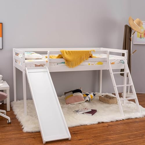 Panana Pine Wooden Bed Frame, Midi Sleeper Cabin Bed, 3ft Single with Slide and Ladder (White, Mid Sleeper with Silde)