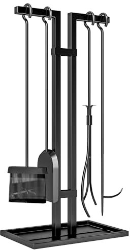 Outsunny Set da 5 pezzi per caminetto, set di attrezzi per caminetto, in metallo, accessori per caminetto, con scopa, paletta, pinze, attizzatoio e supporto, nero