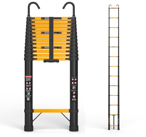 SINMEIRUN 16.5 FT Telescoping Ladder with Hooks, Aluminum Extension Ladder, 330 lbs Load Capacity, Multi-Purpose Collapsible Ladder for Home and Work; Yellow