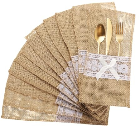 QUARKZMAN 12Pcs Housses de Couverts en Toile de Jute avec Dentelle, Pochette de Couverts en Argenterie de 4 x 8, Sac en Toile de Jute Naturelle avec Nœud pour Décoration de Fête de Mariage