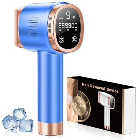 Epilatore Luce Pulsata con Funzione di Raffreddamento a Ghiaccio, Schermo LCD Touch,Modalità di Scorrimento Automatico, Epilatore a Luce Pulsata per Donne e Uomini,Viso, Ascelle, Bikini,Corpo, Blu