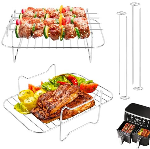Accessoire Air Fryer en Acier Inoxydable 304, 2 Pièces Grille Air Fryer avec 4 Brochettes, Support Multifonction Double Couche Compatible avec Ninja Foodi AF300EU/AF400EU, Réutilisable