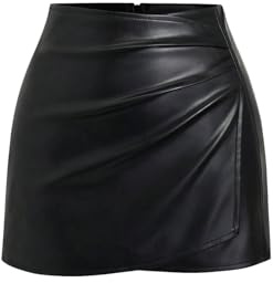 GORGLITTER Dam PU-läderkjol, kort bodycon-kjolar, elegant omlottkjol med dragkedja, minikjol, fritidskjol, festkjol, festivaloutfit, svart, M