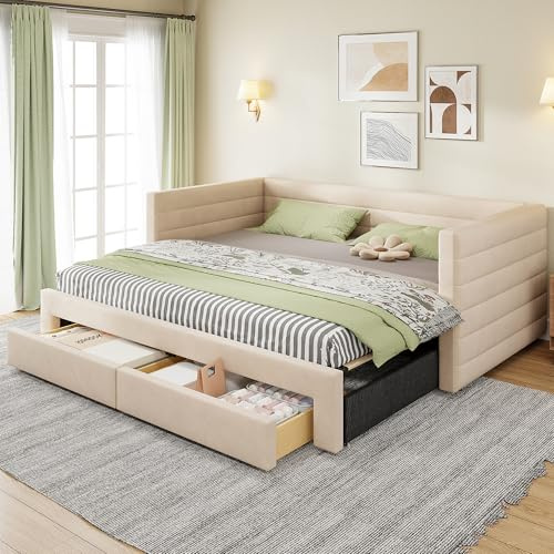 Cama tapizada 3-en-1 Extensible sofá cama 90 x 190 cm, cama multifuncional, con cajones, convertible en cama individual/doble con somier, algodón y lino (colchón no incluido) (beige)