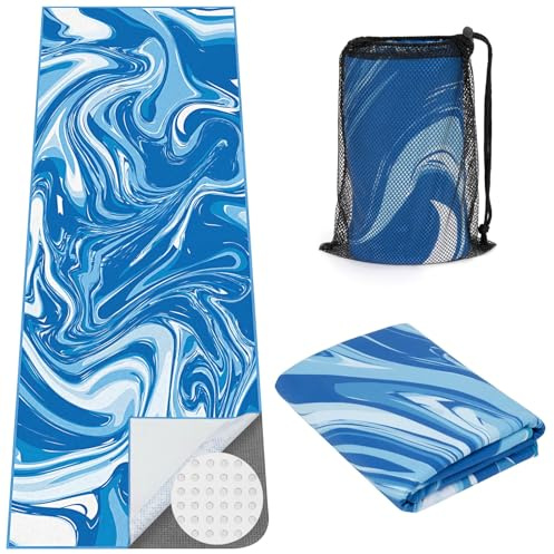 MicaYoung Asciugamano Microfibra per Tappetino Yoga Antiscivolo per Hot Yoga con Grandi Tasche Angolari, 178 × 66 cm, Blu