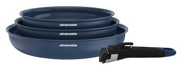 Arthur Martin - Set de 3 Poêles en Aluminium 2,5 mm, Revêtement Céramique et Poignée Effet Bois, Compatibles Tous Feux Dont Induction, 20-24-28 cm, Bleu