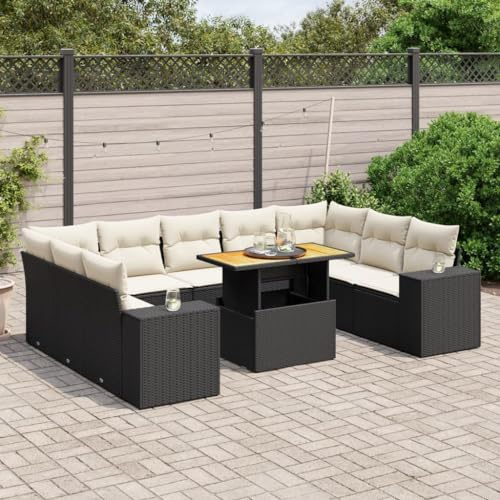 QJBSAVVA Set da 10 mobili da giardino in polyrattan nero, 100 x 55 x 44/73 cm, tavolo da pranzo con regolazione in altezza, gruppo di seduta per esterni, per balcone, terrazza e giardino
